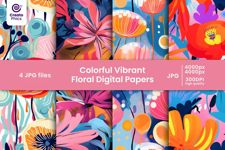colorful vibrant floral digital papers and flower patterns