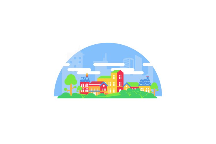 Colorful village skyline with modern building design