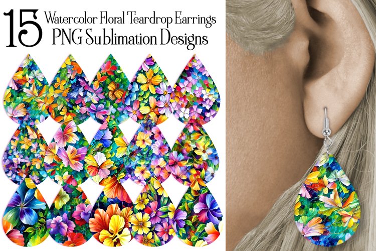 Watercolor Floral Teardrop Earring Sublimation PNG Designs