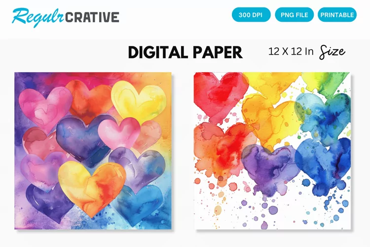 Colorful Watercolor Hearts Digital Paper, Hearts Pattern