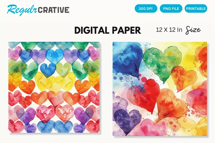 Colorful Watercolor Hearts Digital Paper, Hearts Pattern