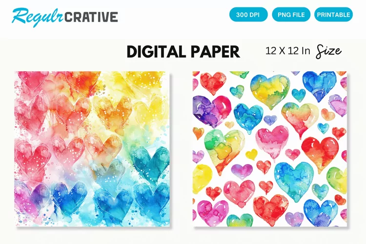 Colorful Watercolor Hearts Digital Paper, Hearts Pattern