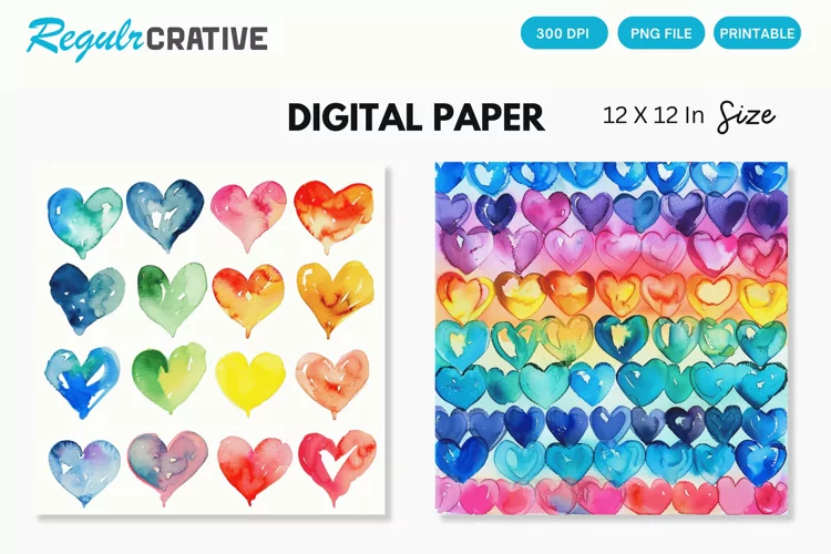 Colorful Watercolor Hearts Digital Paper, Hearts Pattern