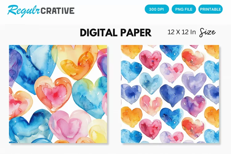 Colorful Watercolor Hearts Digital Paper, Hearts Pattern