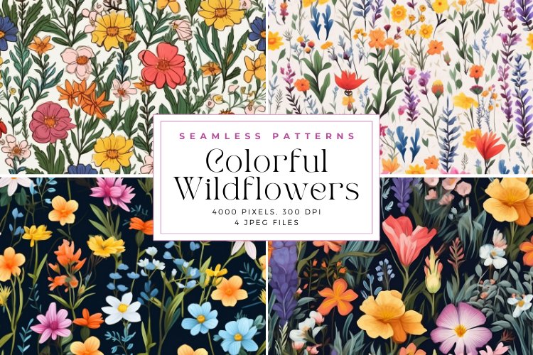 4 Colorful Wildflowers Seamless Pattern Background