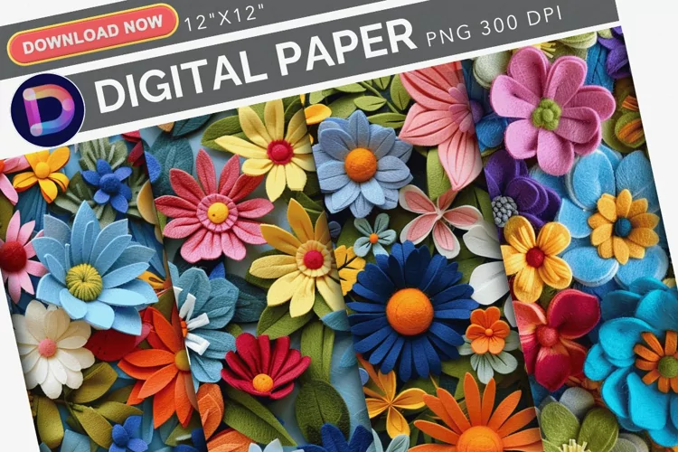 Colorful Wool Felt Flowers Digital Paper