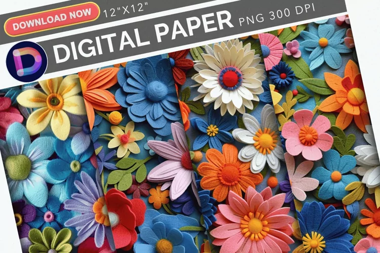 Colorful Wool Felt Flowers Digital Paper