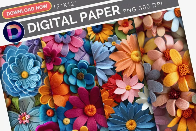 Colorful Wool Felt Flowers Digital Paper