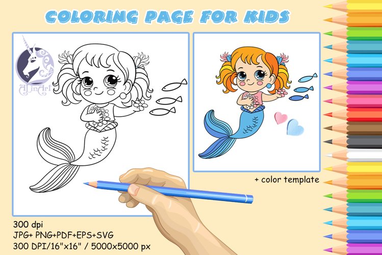 Cute mermaid feeds the fishes coloring page for kids