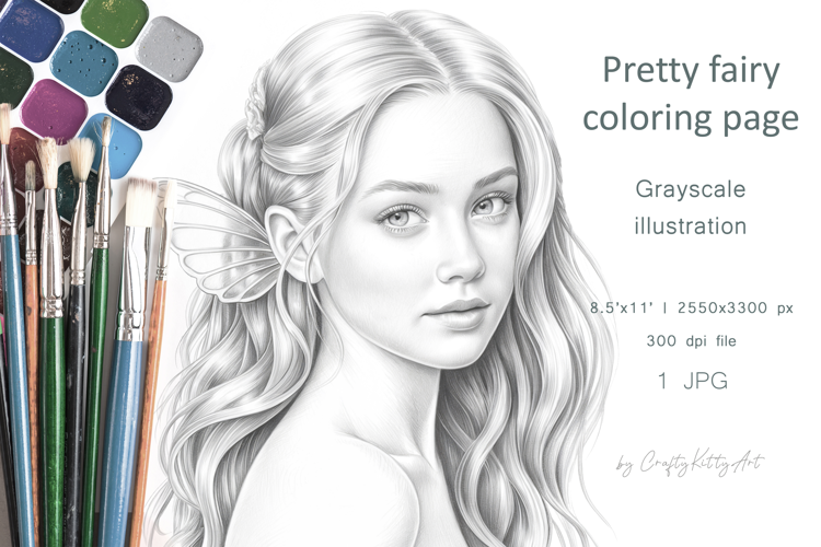 Beautiful fairy coloring page, Girl with long hair portrait