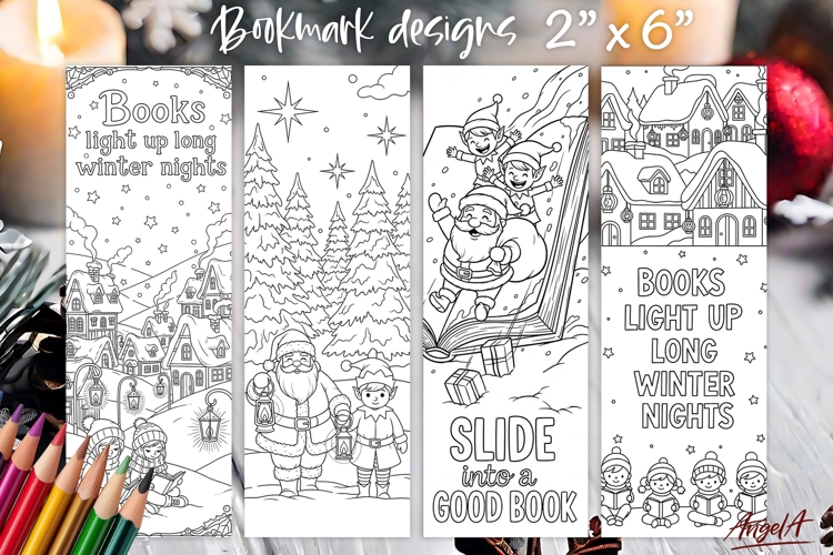 Christmas coloring pages printable bookmark, Santa and elves
