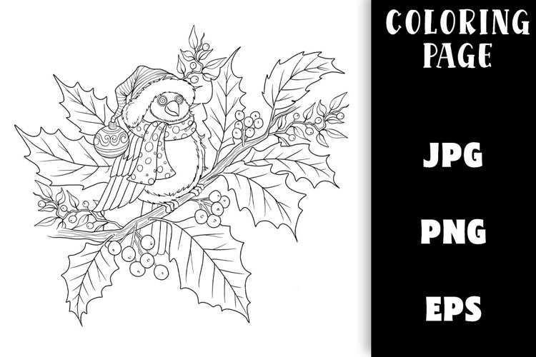 Christmas Coloring - Winter Bird on a Holly Branch