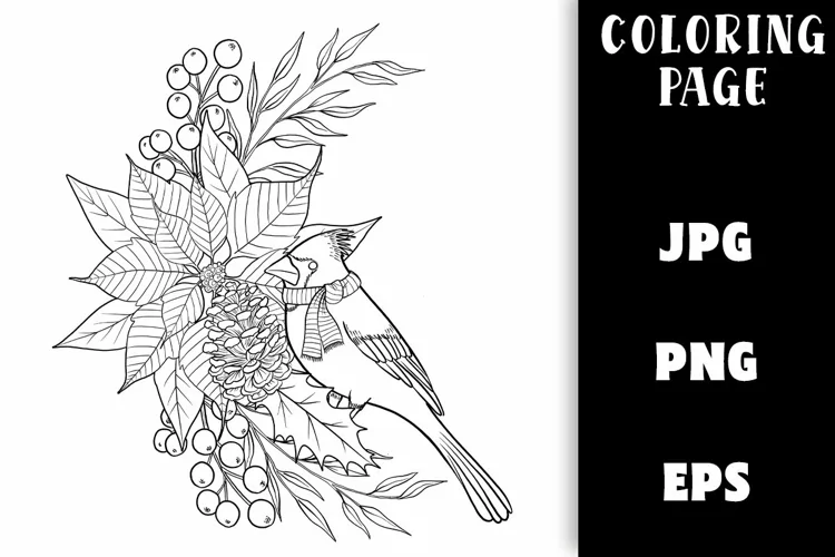 Christmas Coloring - Cardinal Bird on Floral Crescent Moon