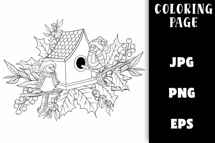 Christmas Coloring - Winter Birds and Bird House