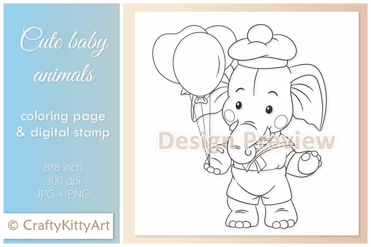 Birthday Elephant with Balloons, Cute Baby Animal Digi Stamp