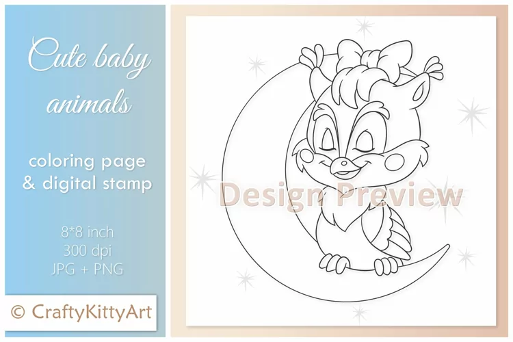 Owl Sleeping on Moon, Cute Sleepy Baby Animal Digital Stamp