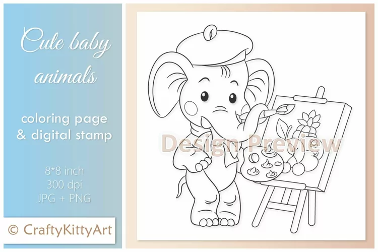 Elephant Artist Painting, Cute Baby Animal Digital Stamp