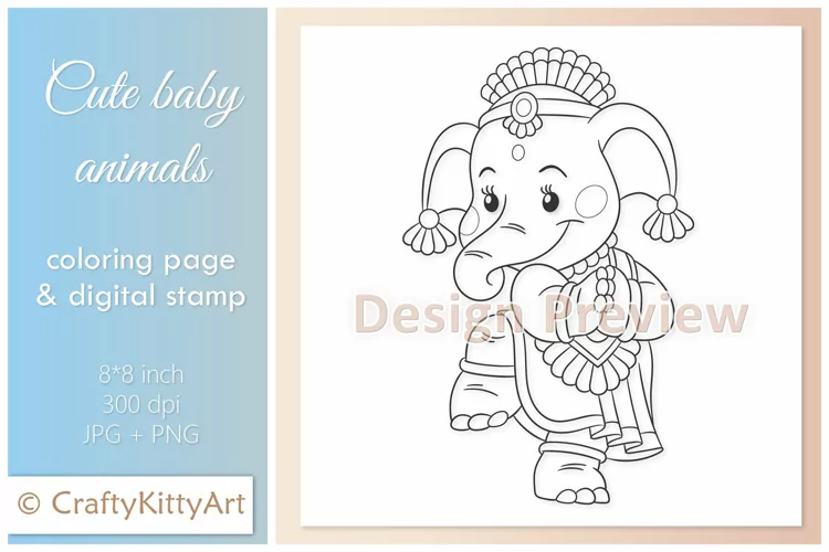 Indian Elephant, Baby Girl, Cute Baby Animal Digital Stamp