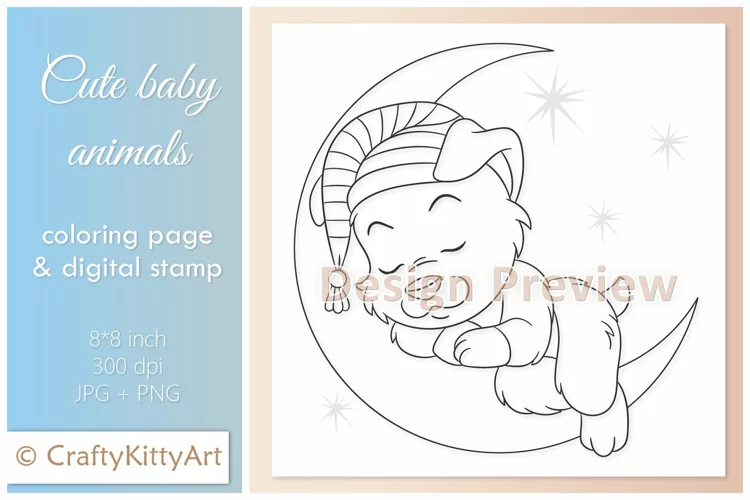 Dog Sleeping on Moon, Cute Sleepy Baby Animal Digital Stamp