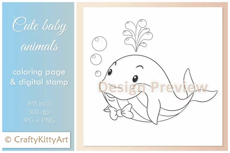 Whale in Bow Tie, Happy Birthday Baby Animal Digital Stamp