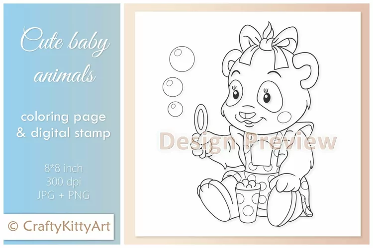 Panda Bear Baby Girl Playing, Cute Baby Animal Digital Stamp