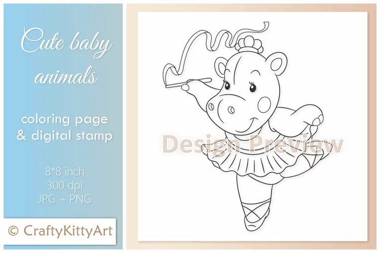 Hippo Ballerina Dancer, Cute Baby Animal Digital Stamp