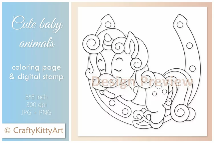 Magical Unicorn Sleeping, Cute Baby Animal Digital Stamp
