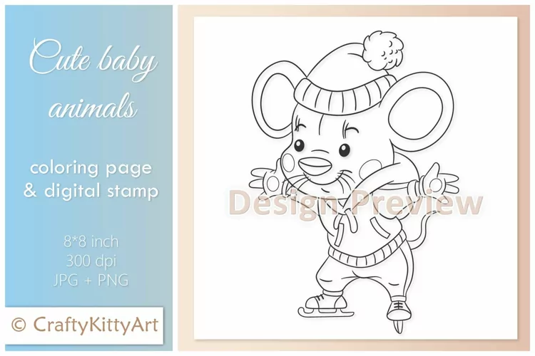 Baby Mouse Ice Skating, Cute Baby Animal Digital Stamp