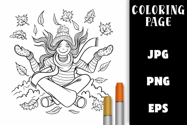 Coloring Page Fall - Girl in pile of Leaves