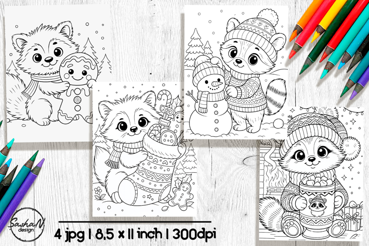 Raccoon Christmas coloring pages for kids