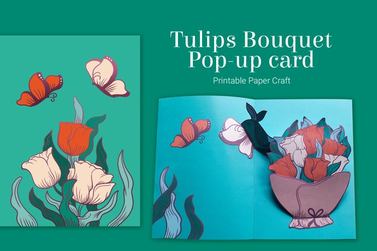 Tulips Bouquet and butterflies DIY handmade pop-up card