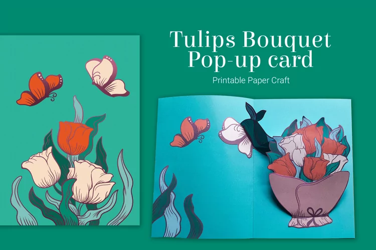 Tulips Bouquet and butterflies DIY handmade pop-up card