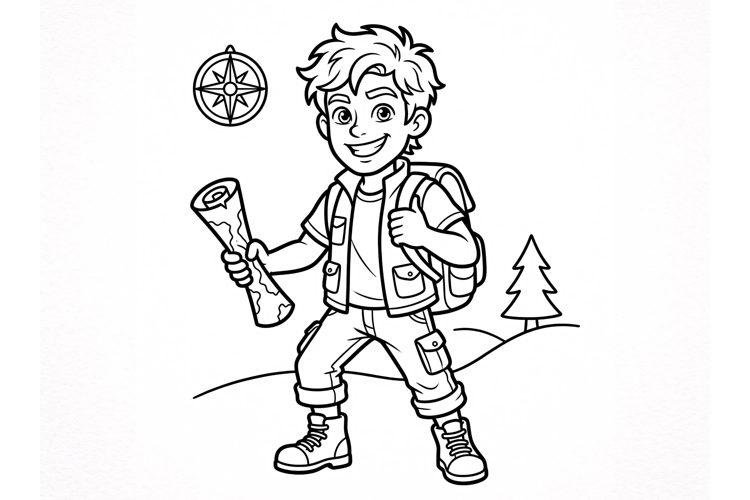 Little boy explorer with map and compass coloring page