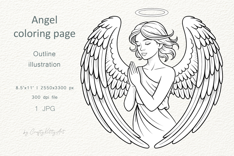 Beautiful angel coloring page, Praying holy angel with wings