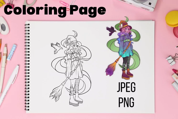 Kawaii Witch with Cat and Raven - Coloring Page