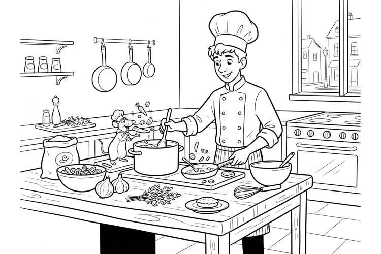 Chef cooking in kitchen coloring page for kids and adults example image 1