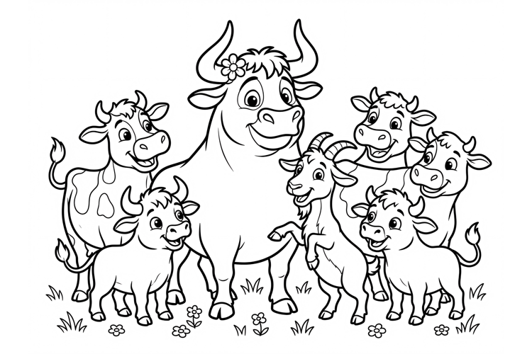 Cute Farm Animals Coloring Page for Kids with Cows and Goat