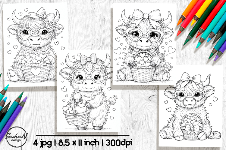 Cute Highland Cow Valentine Coloring Pages