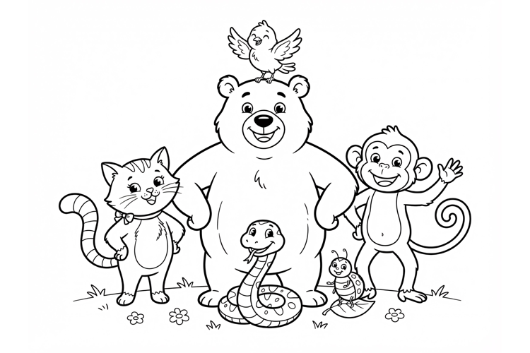 Cute farm animals coloring page for kids with happy cows and