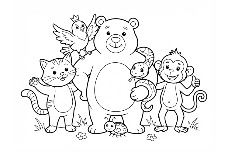 Cute cartoon animals coloring page for kids with bear cat mo