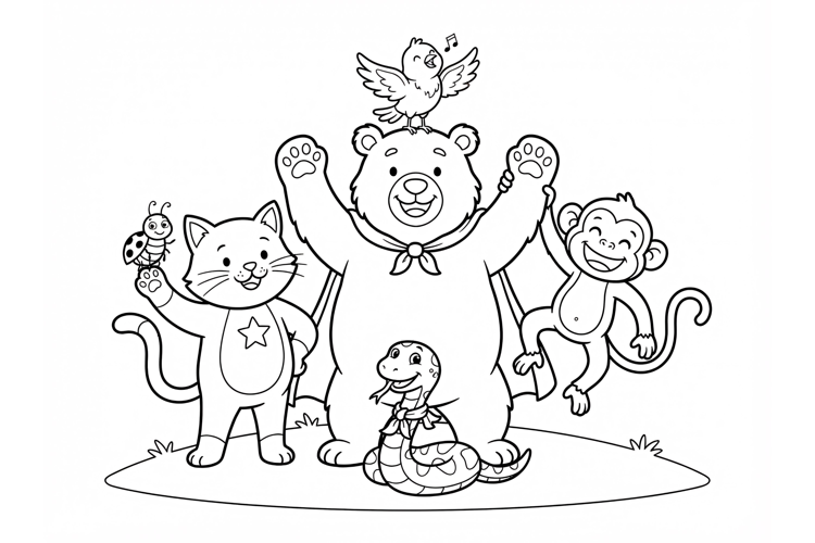 Cute animals coloring page for kids featuring a bear, monkey