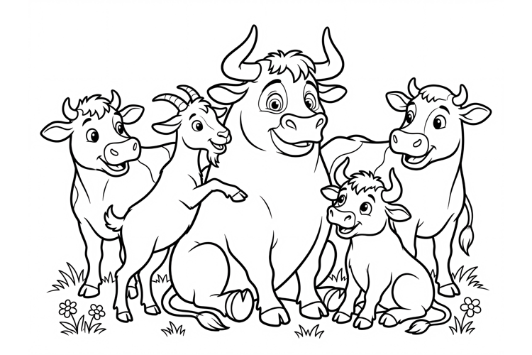 Cute farm animals coloring page for kids with a bull, cows,