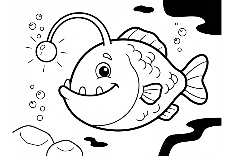 Cute Anglerfish Coloring Page for Kids, Deep Sea Animal Line