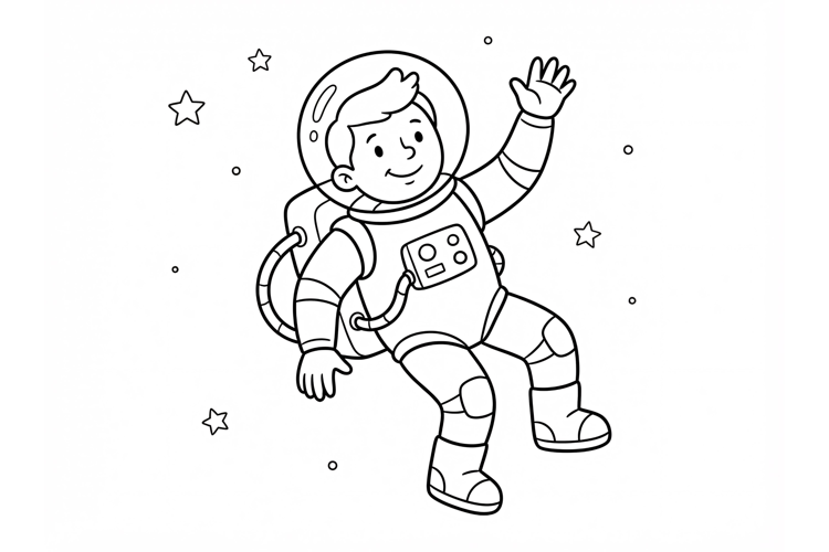 Cute Astronaut Coloring Page for Kids with Space Background