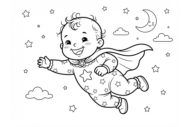 Cute baby superhero flying in the night sky, coloring page