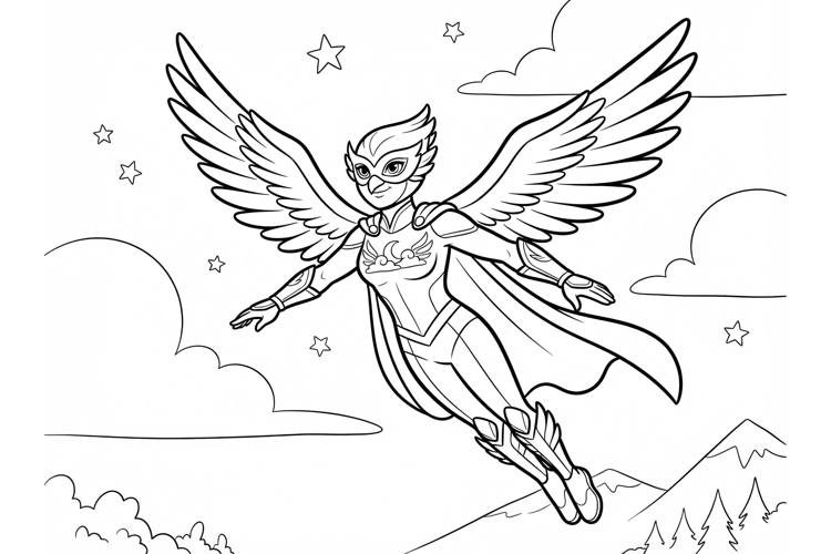 Superhero bird woman flying in sky coloring page for kids an