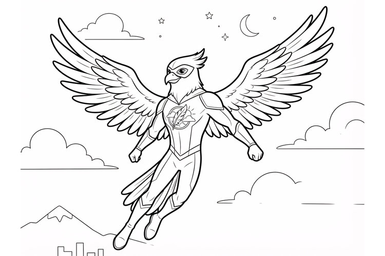 Superhero bird character flying in the sky, black and white example image 1