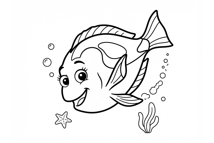 Cute tropical fish coloring page for kids with bubbles