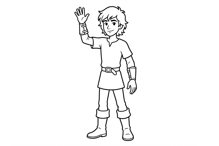 Young boy adventurer waving hand, fantasy character line art