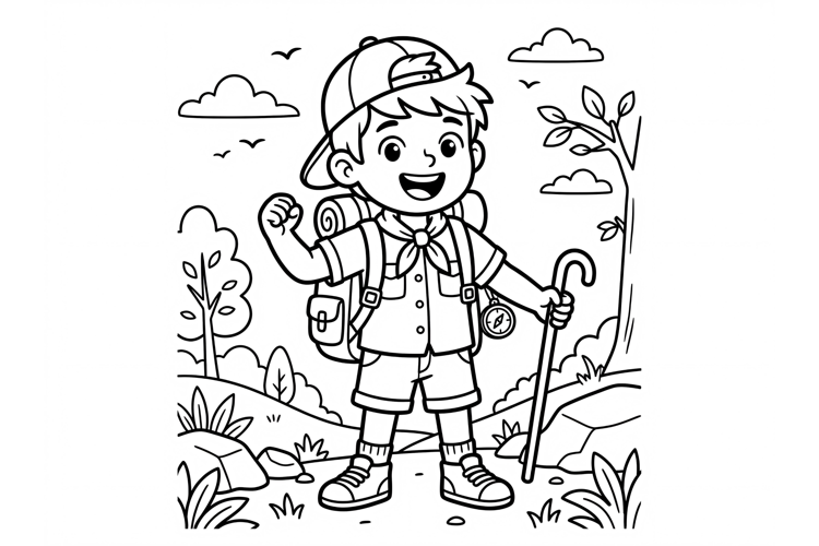 Cute Boy Scout Hiking Coloring Page for Kids with Backpack